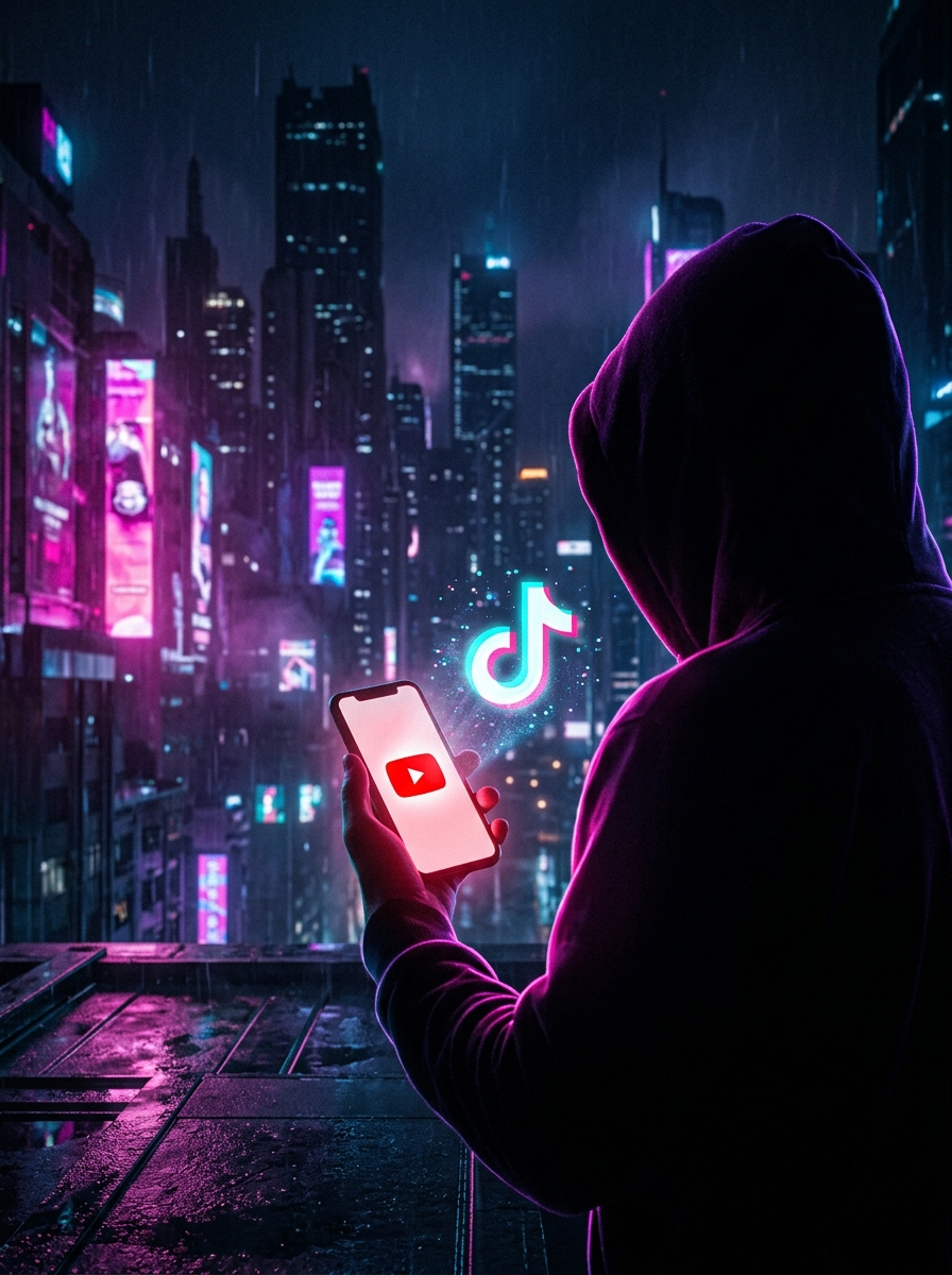 Figura encapuzada em um telhado à noite segurando o celular com ícones de TikTok e YouTube