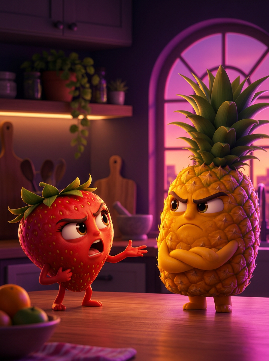 Morango e abacaxi brigando em uma cozinha, estilo animação 3D